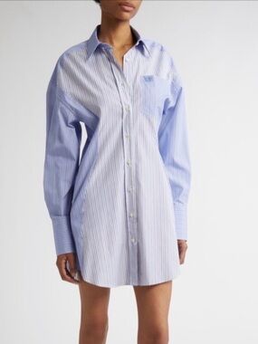 Stella McCartney Light Blue and White Pinstripe Shirt Mini Dress